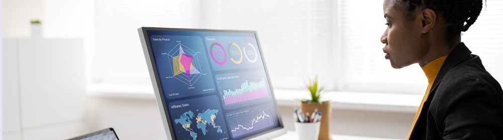 Business analyst woman working on her computer Business analyst woman working on her computer