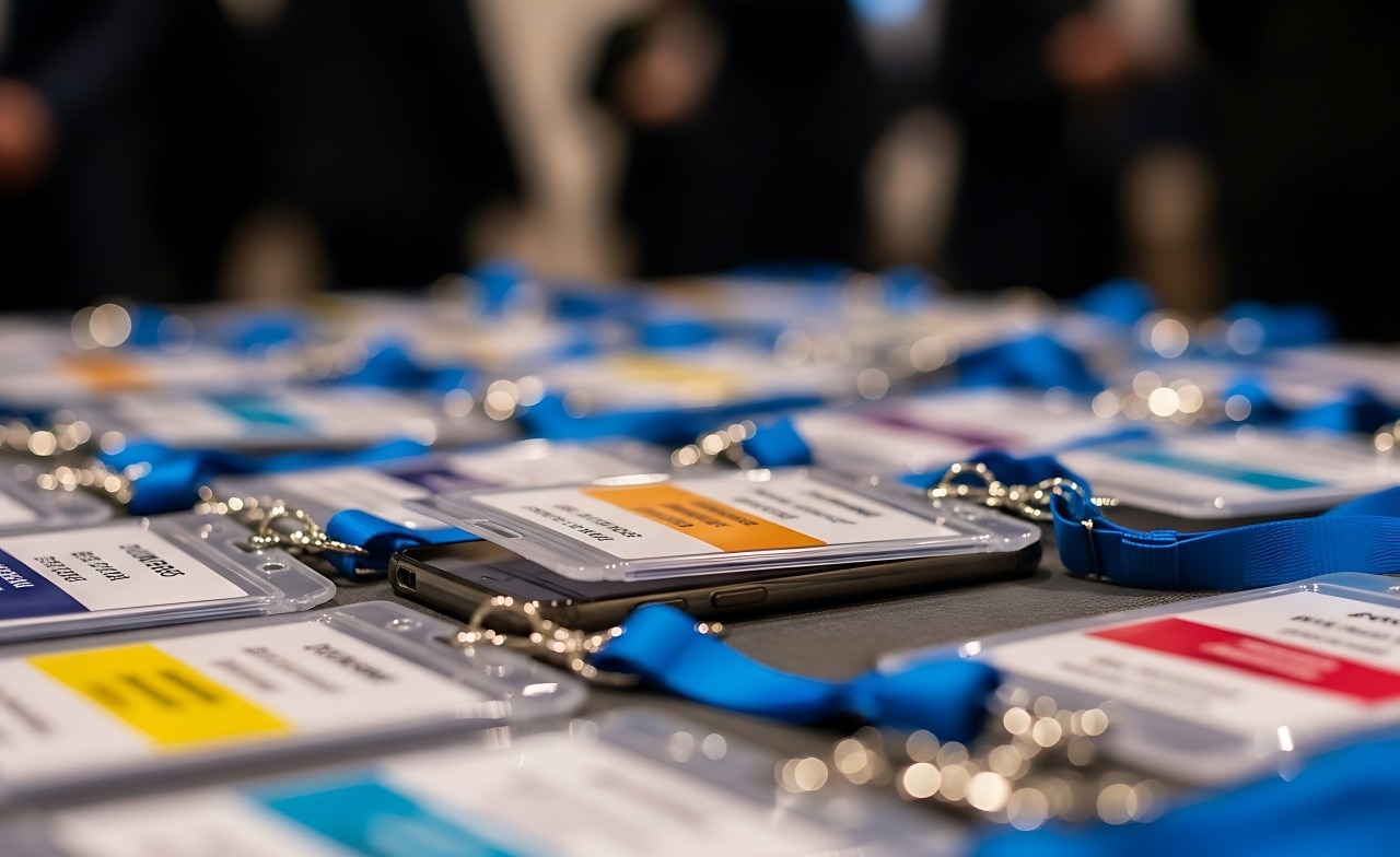 group-lanyards-event-table Group of lanyards on an event table