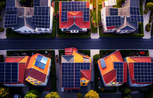vue aérienne de toits de panneaux solaires dans une zone résidentielle
