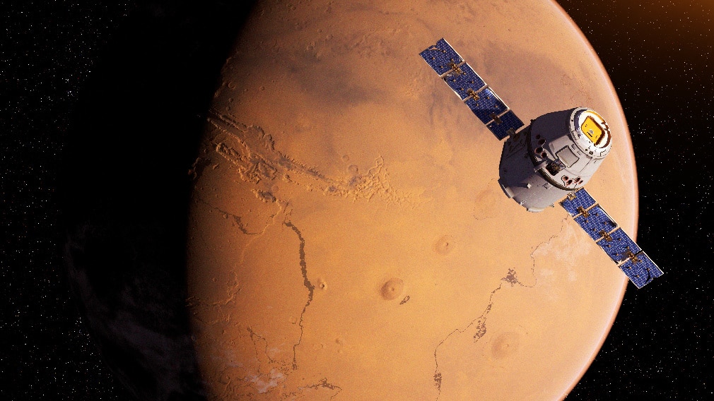 Satellite in front of Mars