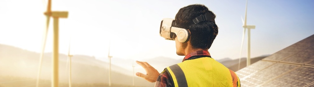 Man using virtual headset for wind turbines