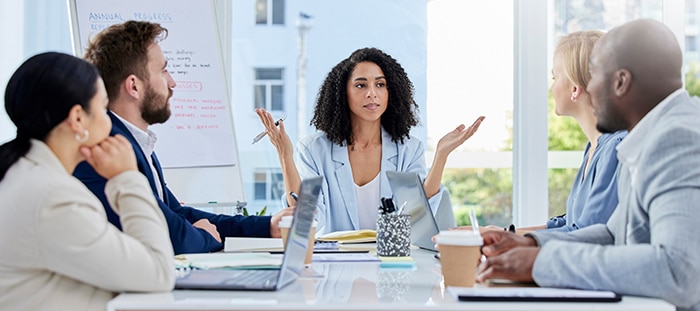 a team of diverse professionals sitting at a table having a meeting