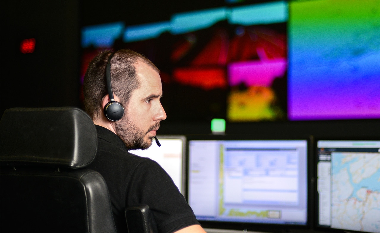 Consultant with headset looking at the monitor