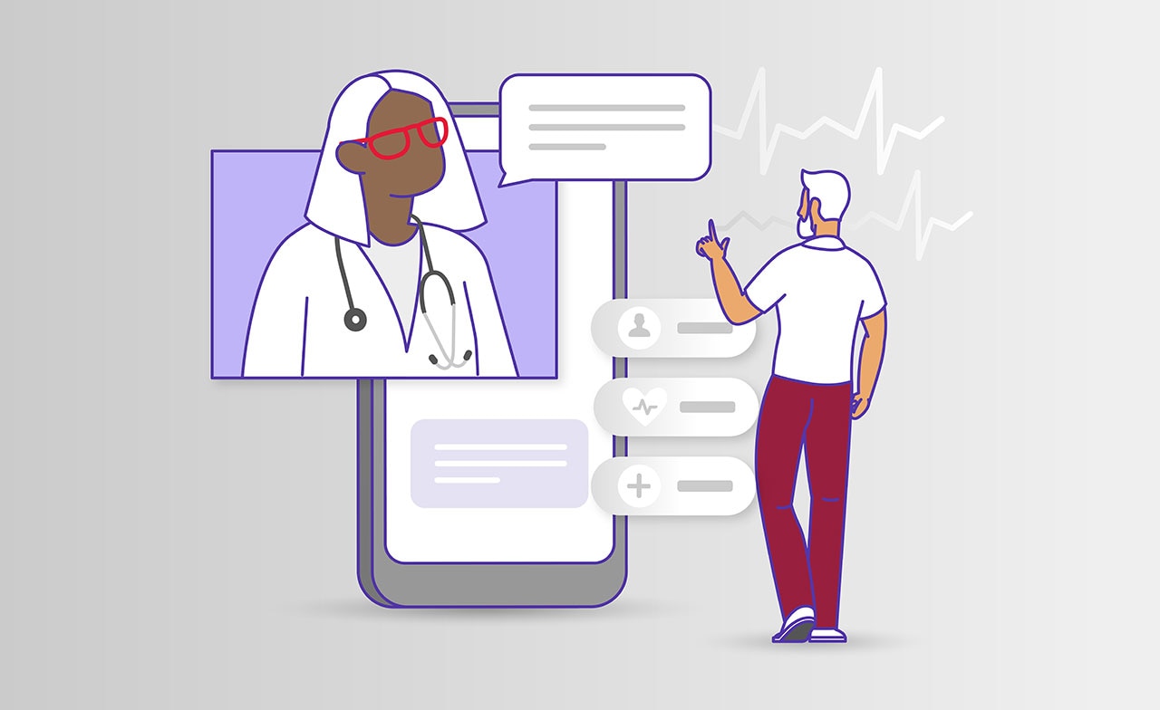 Illustration einer digitalen Gesundheitsberatung, bei der ein Arzt über einen Bildschirm spricht und eine Person mit einer digitalen Gesundheitsplattform interagiert Illustration einer digitalen Gesundheitsberatung, bei der ein Arzt über einen Bildschirm spricht und eine Person mit einer digitalen Gesundheitsplattform interagiert
