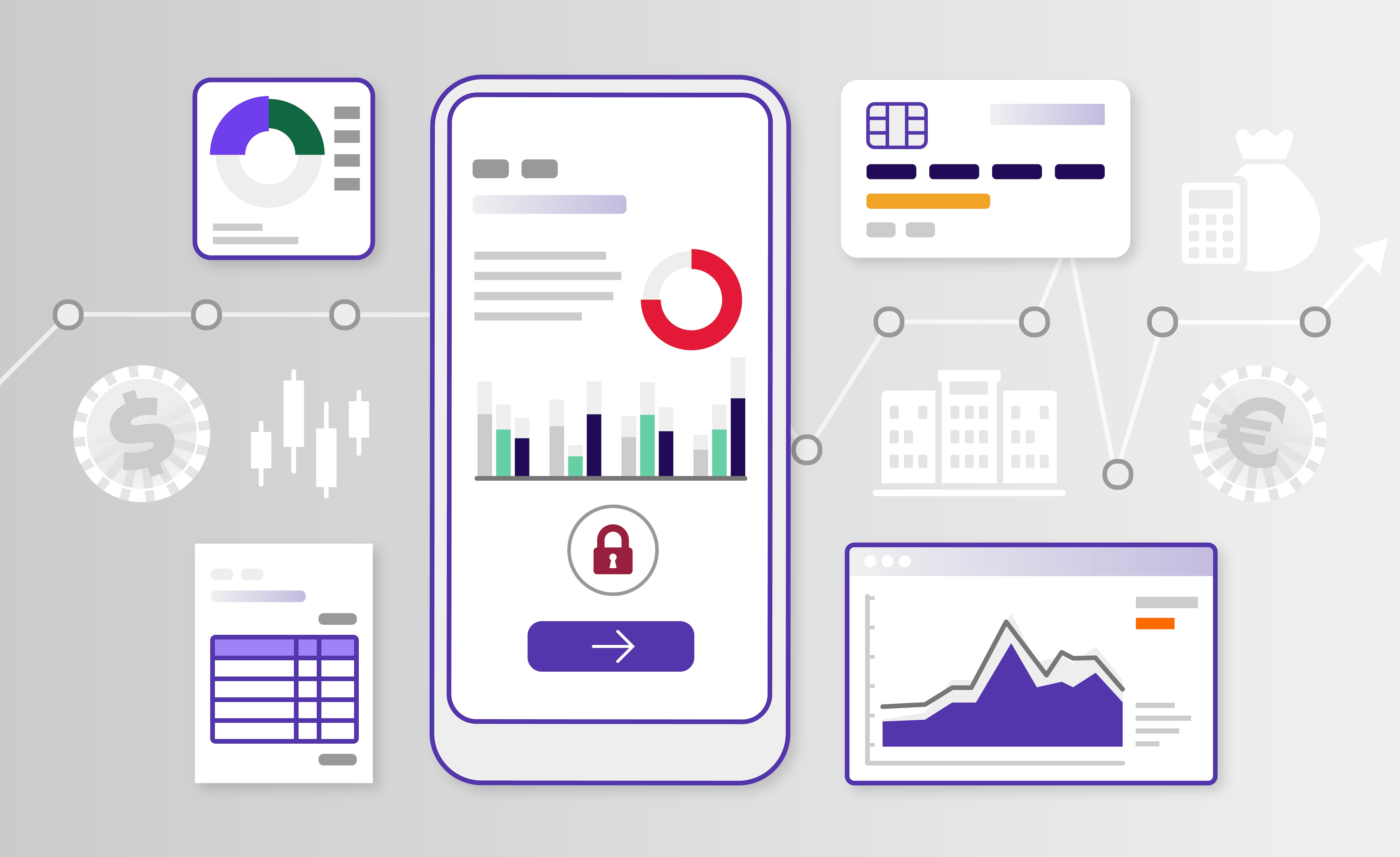 digital__dashboard_security_mobile Illustration av en mobilapp som visar finansiell data med diagram och grafer. Ett lås symboliserar säkerhet, och runt omkring syns ikoner för betalningar, kort och analyser, vilket representerar digital ekonomi och datasäkerhet.