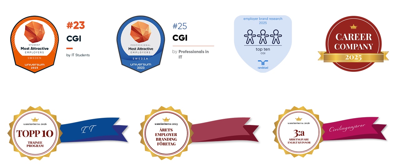 CGI_awards_employer_branding_recognition_badges Sammanställning av utmärkelser och rankingar för CGI, inklusive Universum-rankningar, employer branding-priser och Career Company 2025. Flera medaljer och emblem visas med olika placeringar och kategorier.