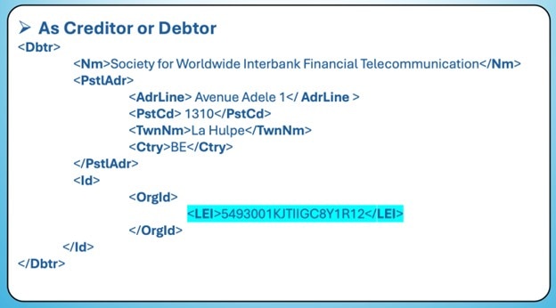 LEI_usage_in_ISO20022_payment_message_example Diagram som visar hur en LEI-kod används i ett ISO 20022-betalningsmeddelande. Exemplet visar en kreditor eller debitor med namn, adressinformation och LEI-identifierare i XML-struktur.