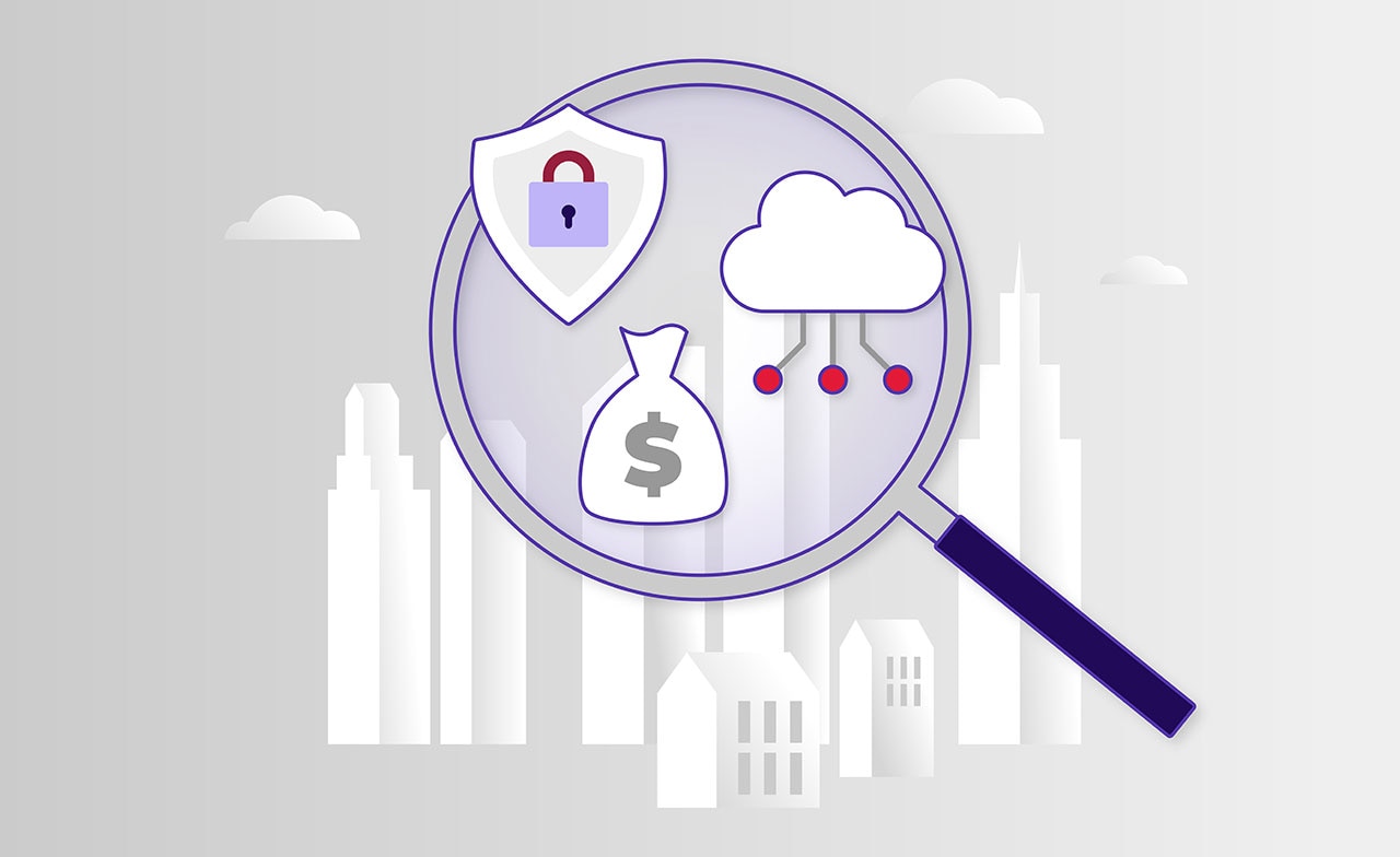 Magnifying glass Illustration av ett förstoringsglas som fokuserar på tre symboler: ett sköldemblem med ett lås (symboliserar cybersäkerhet), en pengasäck med ett dollartecken (symboliserar ekonomi eller finansiell säkerhet) och ett moln med nätverkskopplingar (symboliserar molnteknologi eller datahantering). Bakgrunden visar en stiliserad stadssilhuett i gråtoner.