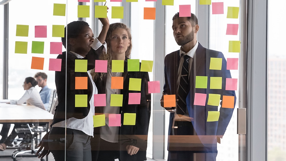 Three professionals using an Agile planning board