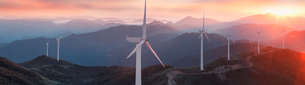 Landscape image of wind farm at sunset