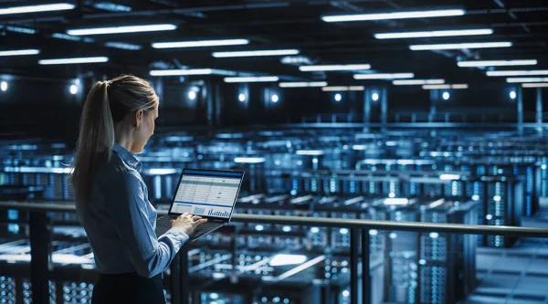 En kvinna med en laptop står och blickar ut över ett datacenter