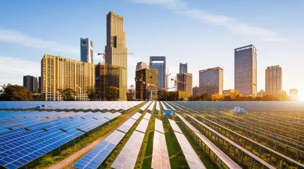 Sustainable development of solar power plant with Nanchang skyline 