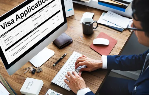 a person sitting in front of a computer filling out a visa applications 