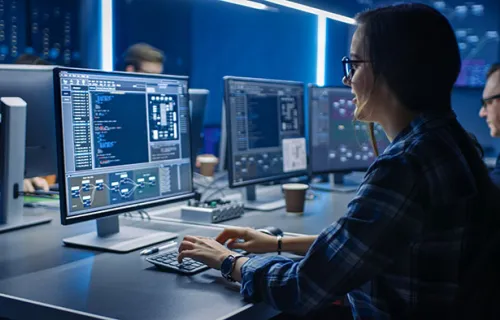 IT programer working on computer in data center system control room