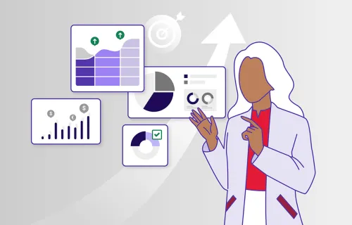 En illustration av en person i en vit laboratorierock som analyserar data på en surfplatta. I bakgrunden syns flera grafer och diagram, inklusive stapeldiagram, cirkeldiagram och linjediagram, som symboliserar dataanalys och vetenskapligt arbete.