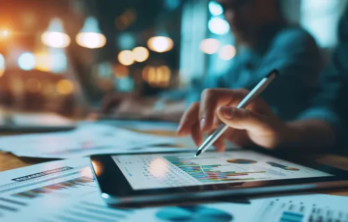 Person analysiert Verwaltungs-Prozessdaten auf einem Tablet mit Diagrammen, Symbol für Workflow-Automatisierung und Hyperautomation in der öffentlichen Verwaltung.