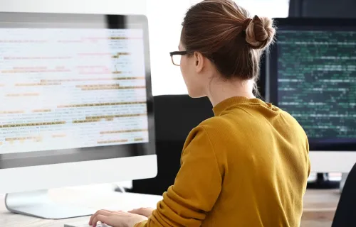 A female professional working at a computer