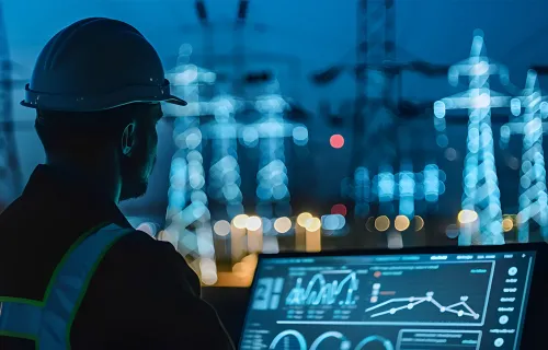 utilities engineer analyzing AI data on a screen with electricity pylons in background