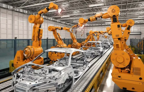Automatisierung in der Automobilindustrie: Roboterarme montieren Autoteile in einer Fabrik.