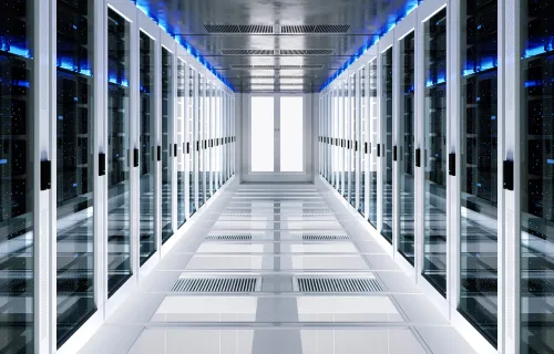 view down the middle of a data server rack center