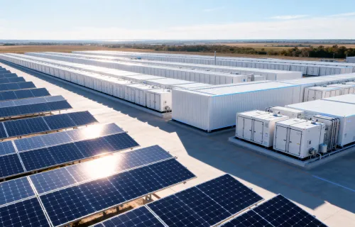 Solar panels and battery storage units at a solar farm
