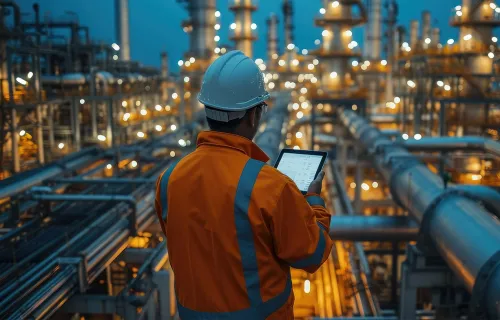 engineer in hard hat surveying a plant holding a tablet