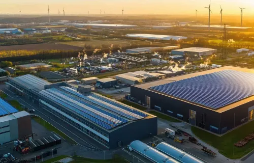 aerial view of an industrial zone at sunset with solar panels and wind turbines