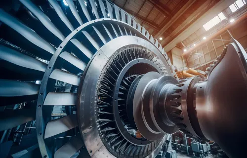 Disassembled turbine for repair and inspection in an energy power generation station. 