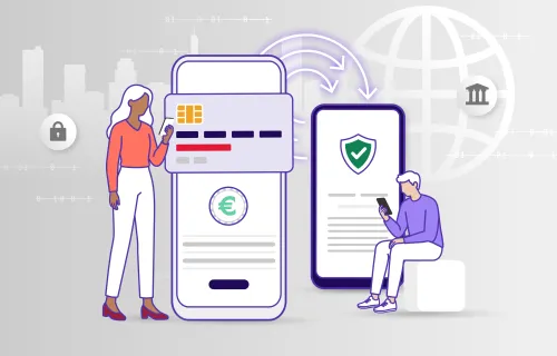 Illustration zum digitalen Euro mit Smartphone, Zahlungskarte und Sicherheits- sowie Banksymbolen.