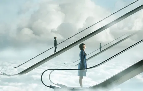 Three professionals journeying up escalator into the clouds