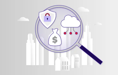 Illustration af et forstørrelsesglas, der fokuserer på tre digitale ikoner: et låst sikkerhedsskjold, en pengesæk og en sky med netværksforbindelser. I baggrunden ses en bysilhuet i grå nuancer, hvilket indikerer analyse af digitale risici, cybersikkerhed og økonomi i urbane miljøer.