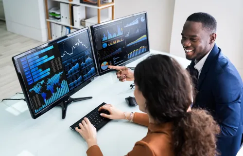 professionals looking at data on computer screen