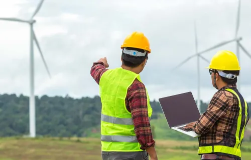 two workers in hard hats and hi-vis vests point at wind turbine