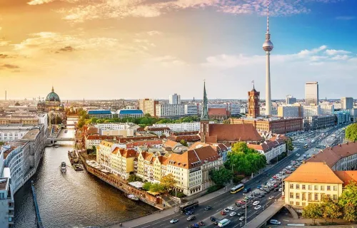Panoramic view at the Berlin city center at sunset