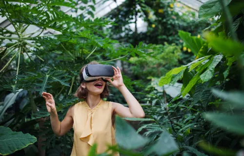 Personne debout portant des lunettes de réalité virtuelle dans une serre et entourée de plantes.
