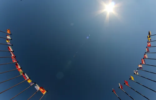 international flags against blue sky