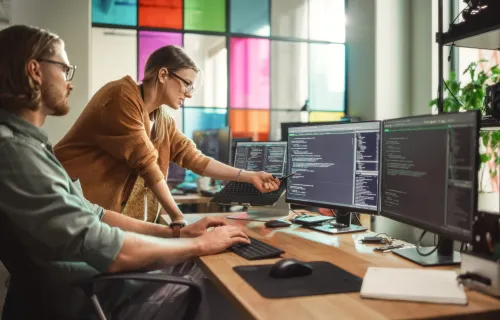 professionals looking at computer code on screen