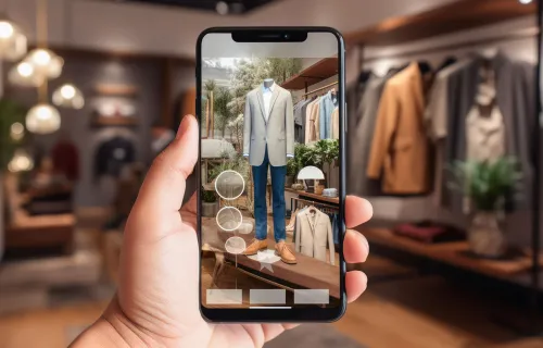 En person håller i en smartphone med en applikation öppen som visar en virtuell provrumsupplevelse. På skärmen syns en digital visualisering av en skyltdocka klädd i en ljus kavaj, blå byxor och bruna skor. 