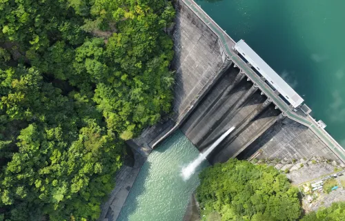 aerial view of a dam surrounded by trees