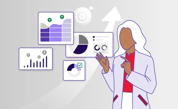 En illustration av en person i en vit laboratorierock som analyserar data på en surfplatta. I bakgrunden syns flera grafer och diagram, inklusive stapeldiagram, cirkeldiagram och linjediagram, som symboliserar dataanalys och vetenskapligt arbete.