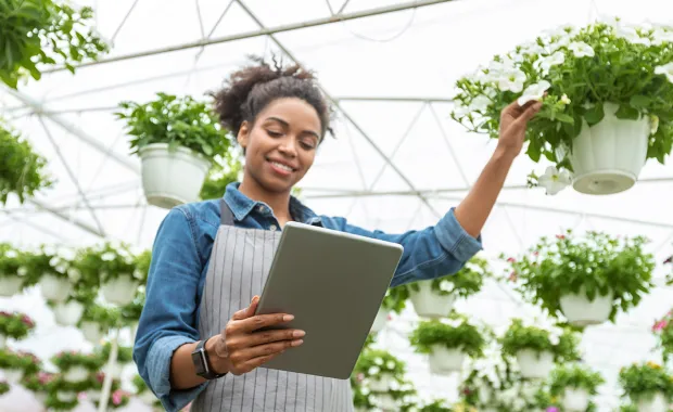 Woman looks at data in a greenhouse setting