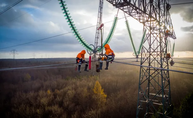 Group working on power lines