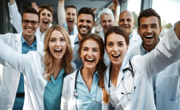 Eine Gruppe von Ärztinnen und Ärzten freuen sich auf die DMEA 2024