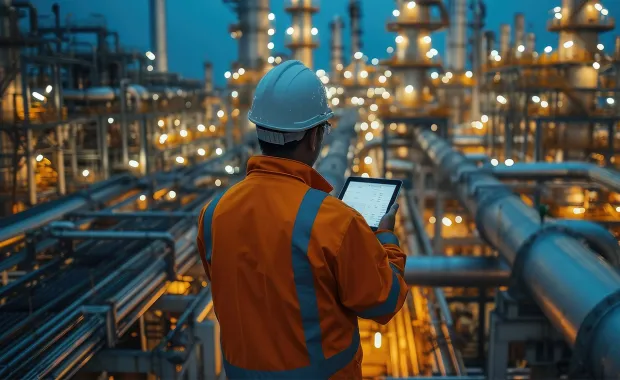 engineer in hard hat surveying a plant holding a tablet