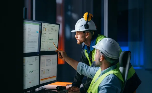 two engineers analyzing data on multiple monitors