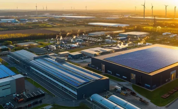 aerial view of an industrial zone at sunset with solar panels and wind turbines