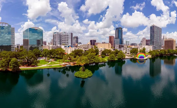Aerial view of downtown Orlando, FL from Lake Eola