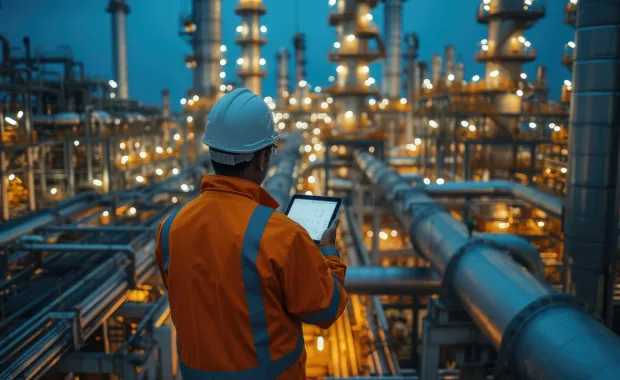 A worker using tablet computer, he is up in a gantry at construction site for an energy plant being built.