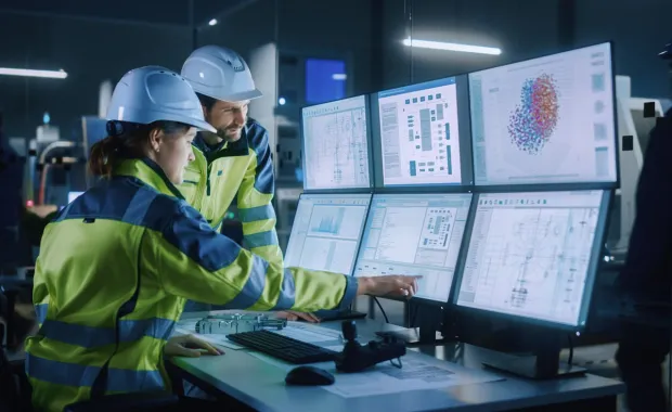 Two utilities workers monitoring several computer screens