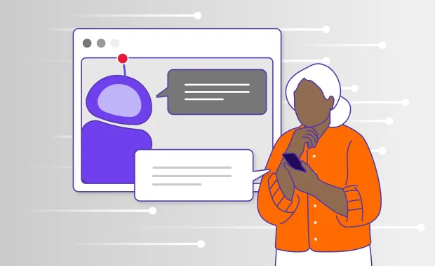 Illustration av en person i orange skjorta som håller en mobiltelefon och funderar, medan en digital konversation visas i bakgrunden. Konversationen är mellan en användare och en AI-assistent - Generativ AI som representeras av en lila robotikon